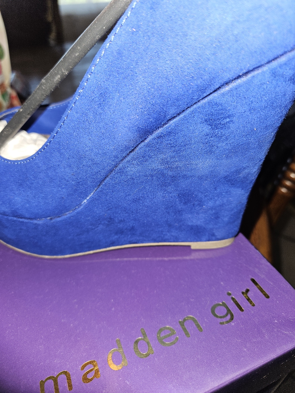 Madden Girl Royal Blue Suede Wedge Heels with Ankle Strap - Picture 6 of 10